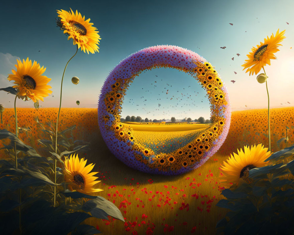 Surreal landscape with circular flower portal above sunflower field