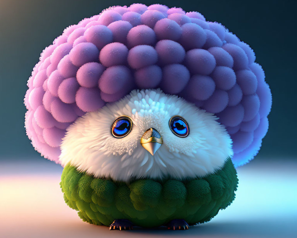 Colorful chubby bird with flower-like head in digital art.