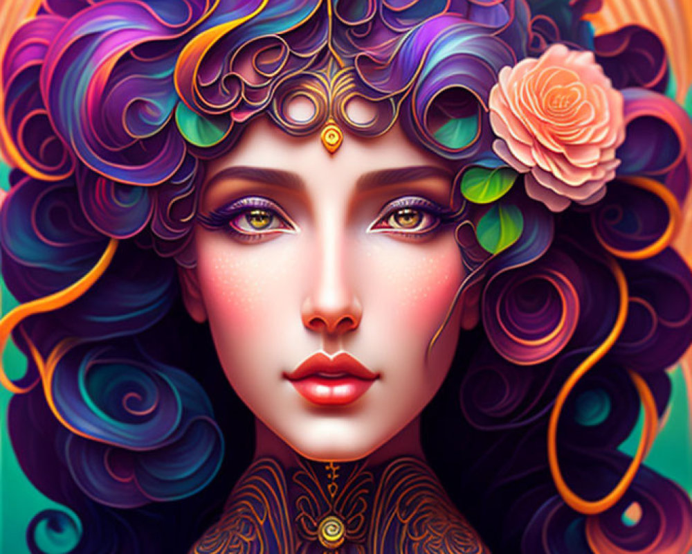 Vibrant digital art of a woman with purple, blue, and orange hair and a symmetrical