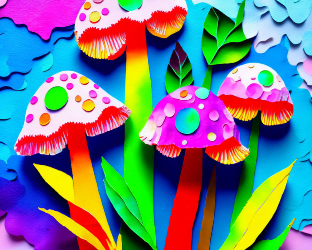 Vibrant paper art of stylized mushrooms on multicolored background