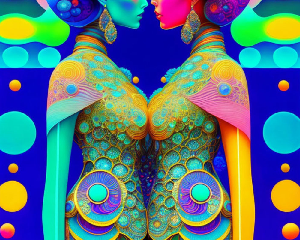 Symmetrical psychedelic beings with patterned skin on blue background