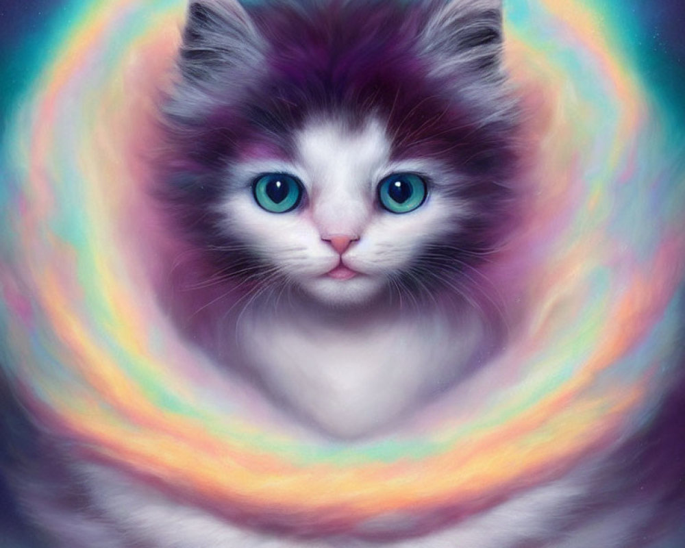Fluffy white and grey kitten with turquoise eyes in colorful aura