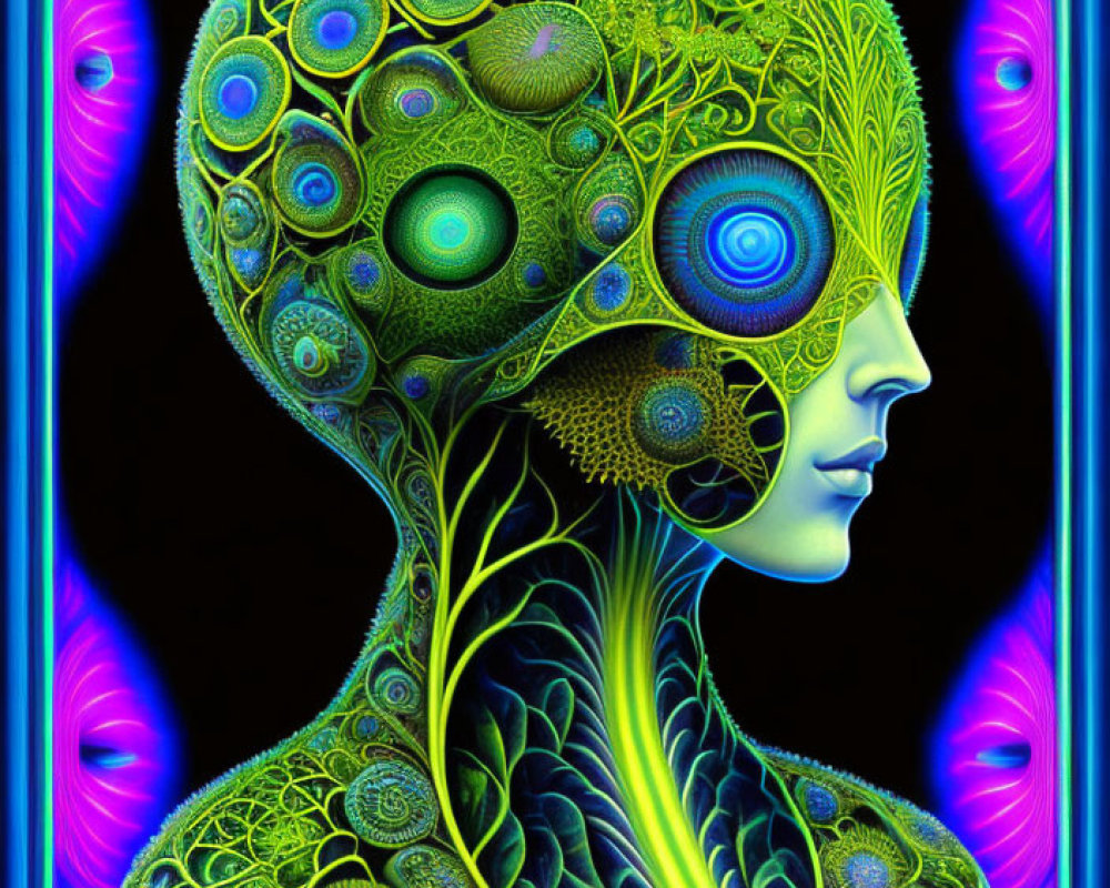 Colorful digital artwork features human-like figure with psychedelic patterns and peacock feather motifs.
