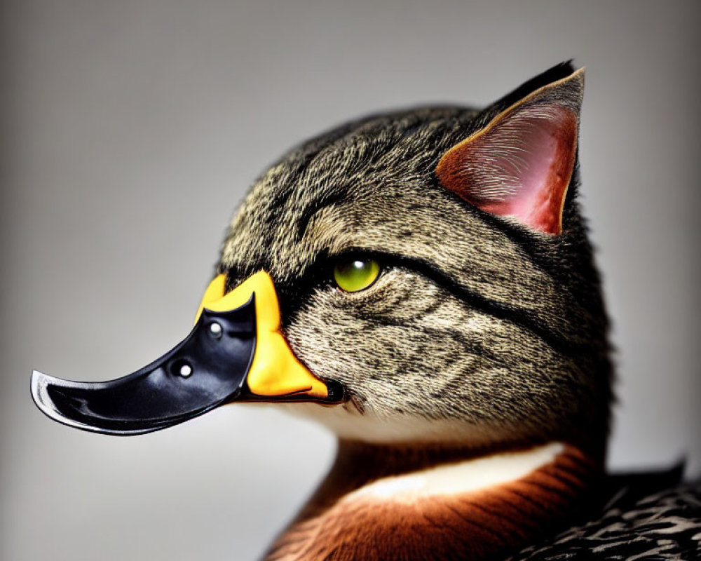 Surreal animal hybrid: Cat face, duck body, feather pattern