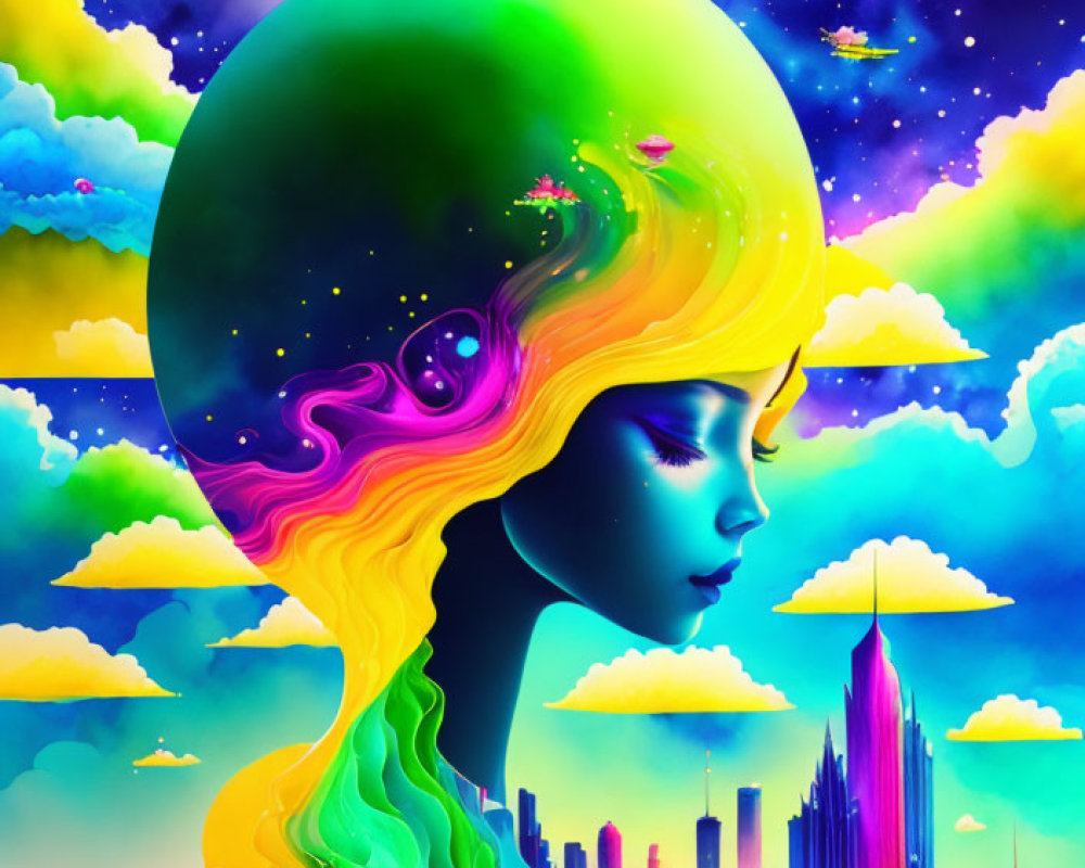 Colorful surreal artwork: Woman's profile with glowing globe head, hair flowing into cityscape against cosmic