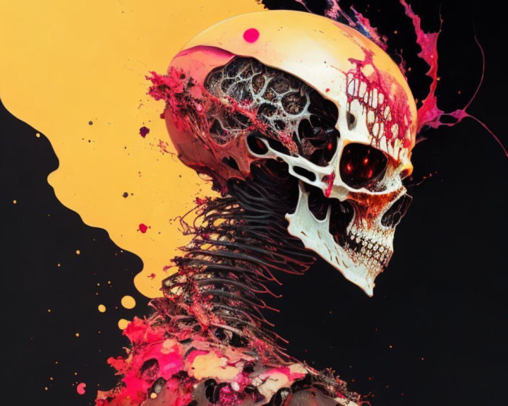 Colorful Human Skull and Spine Artwork on Black Background