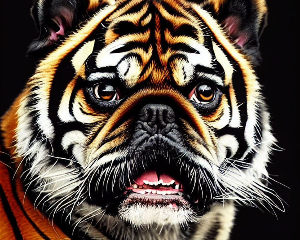 Detailed Portrait of Pug Dog with Tiger-Like Alterations
