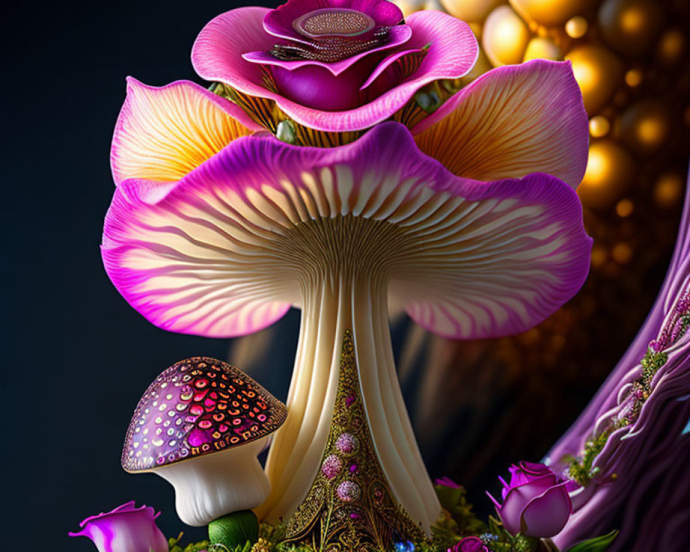 Colorful digital illustration of a large, fantastical mushroom with intricate details and floral embellishments