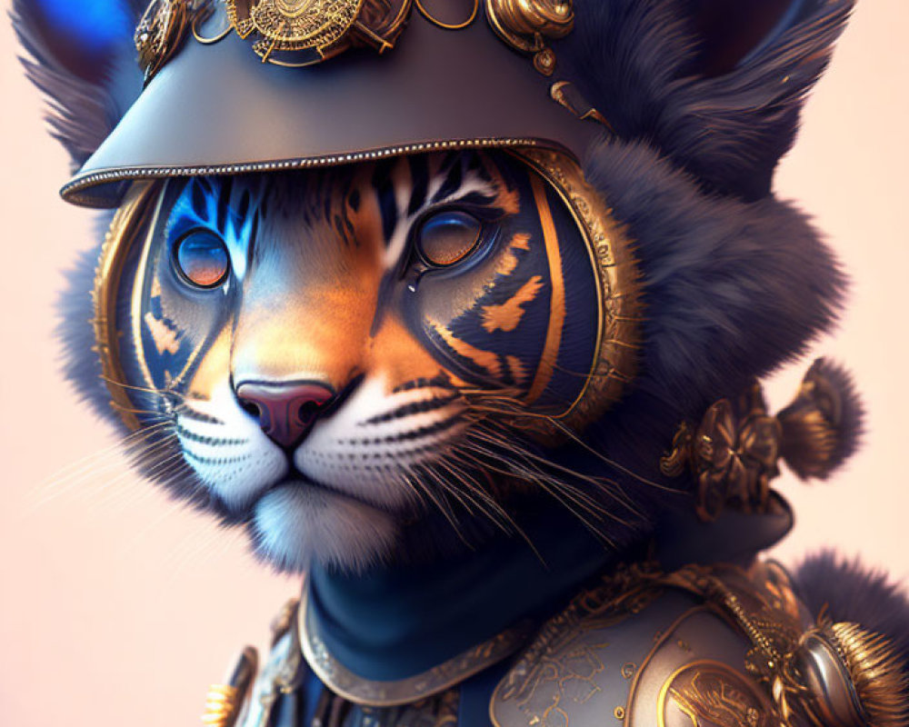Detailed digital artwork: Anthropomorphic cat in steampunk hat & armor