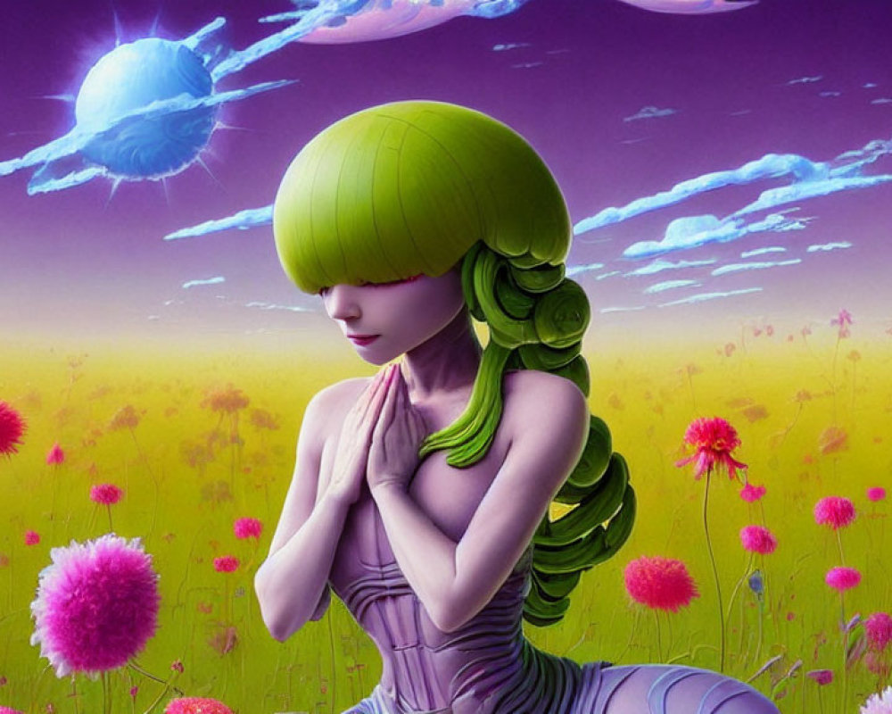 Stylized animated female figure meditating in vibrant meadow under purple sky