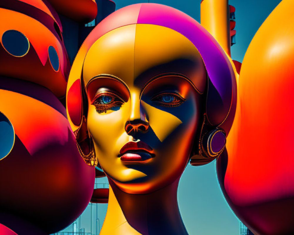 Vibrant digital art: stylized female figure in colorful hues against abstract backdrop