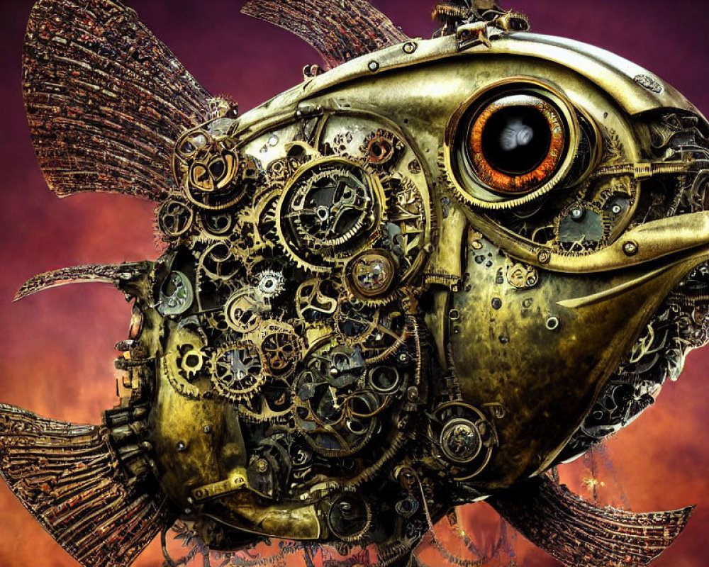 Intricate steampunk mechanical fish on fiery red background
