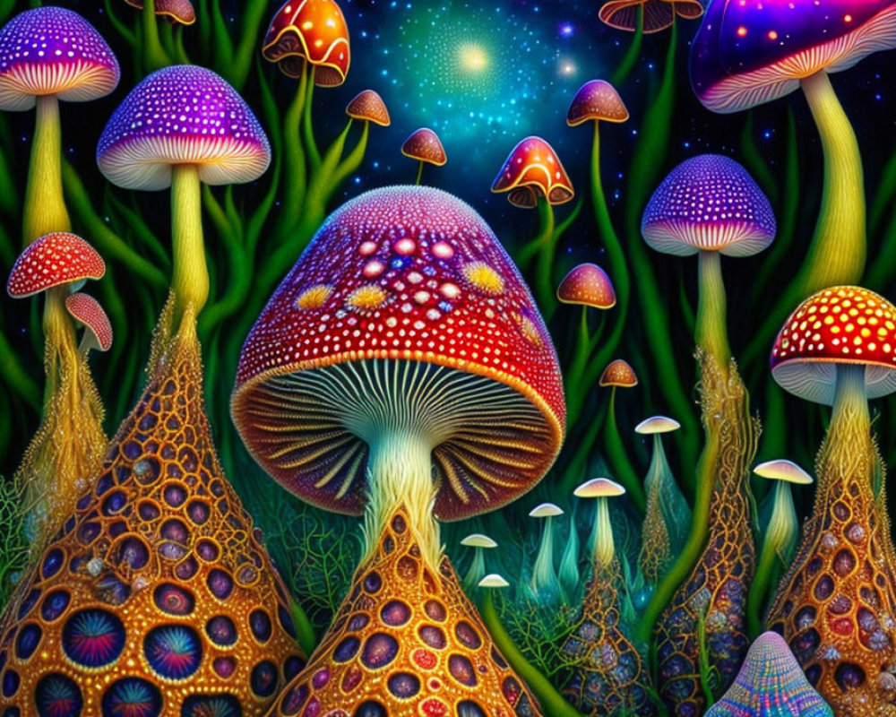 Fantastical mushroom forest artwork with glowing caps on a starry night
