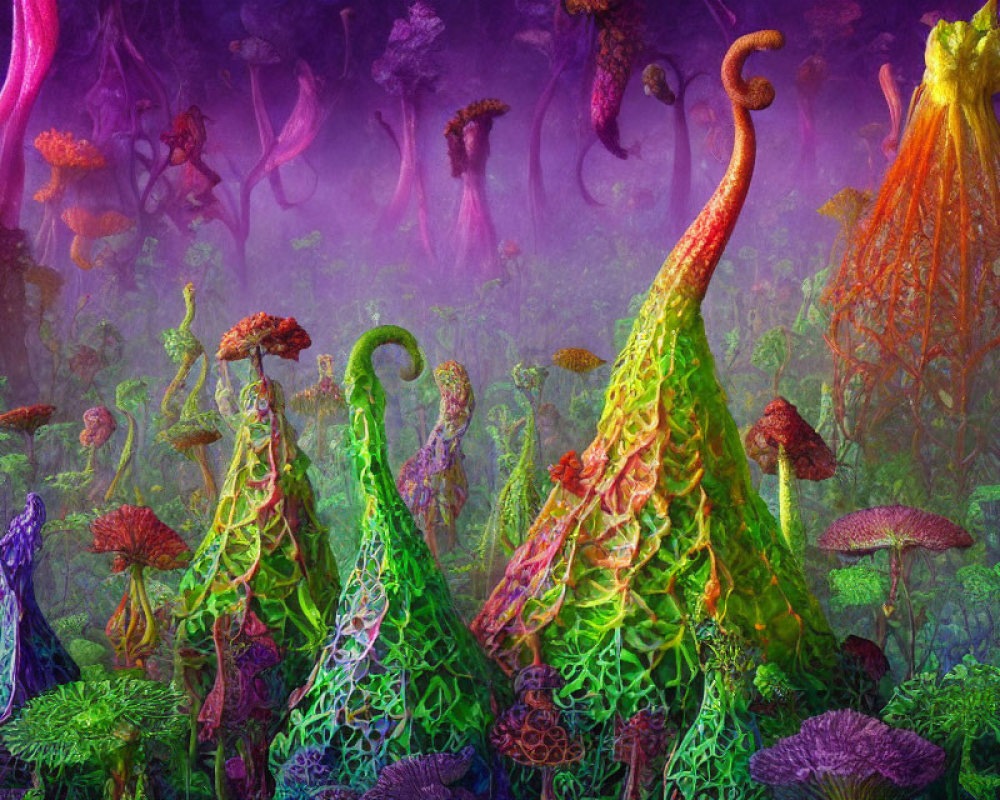 Psychedelic forest with alien-like plants and exotic mushrooms
