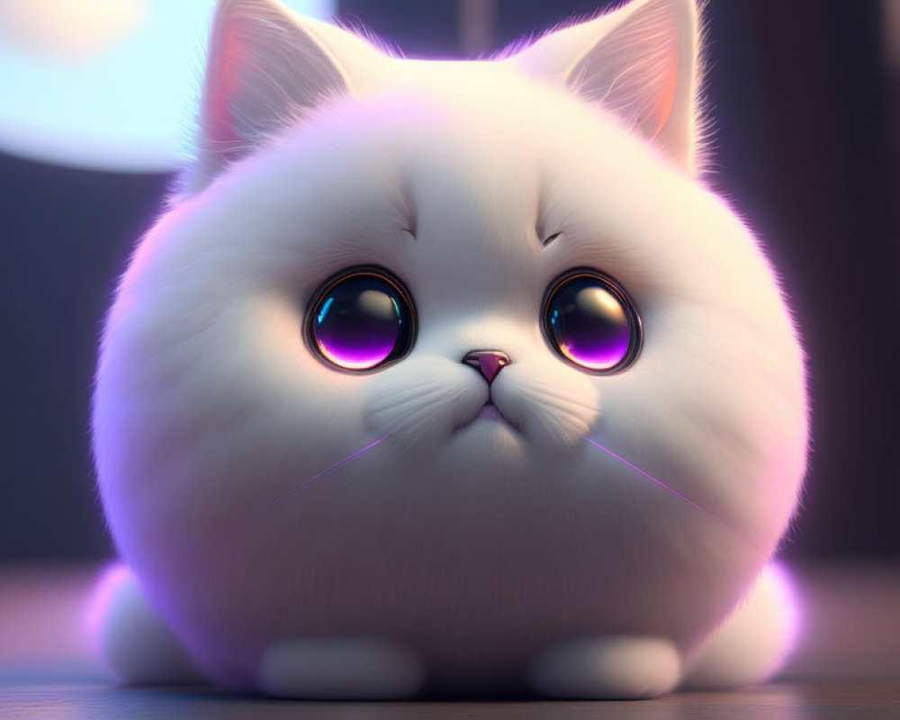 White Fluffy Cat with Purple Eyes in Soft Lighting