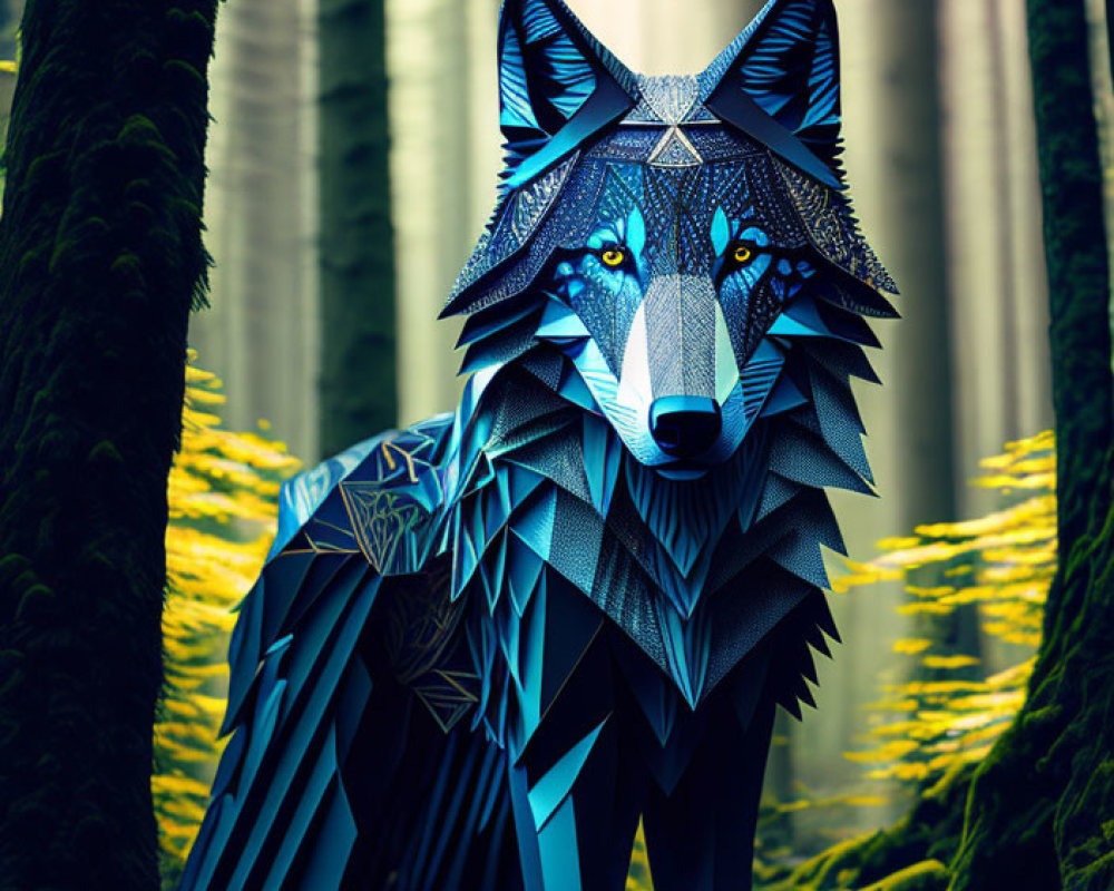 Geometric blue and black wolf in moss-covered forest