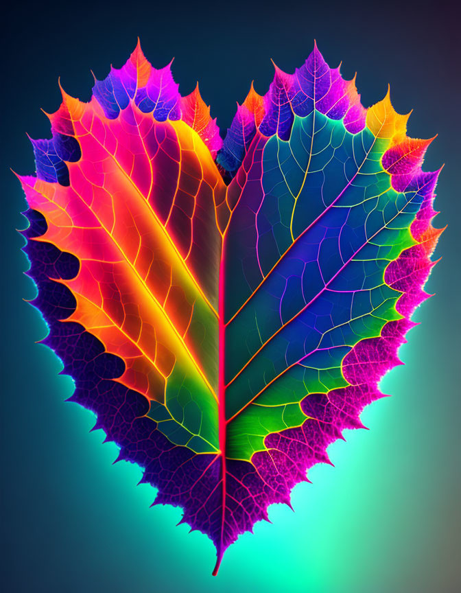 Colorful heart-shaped leaf with neon gradient on dark background