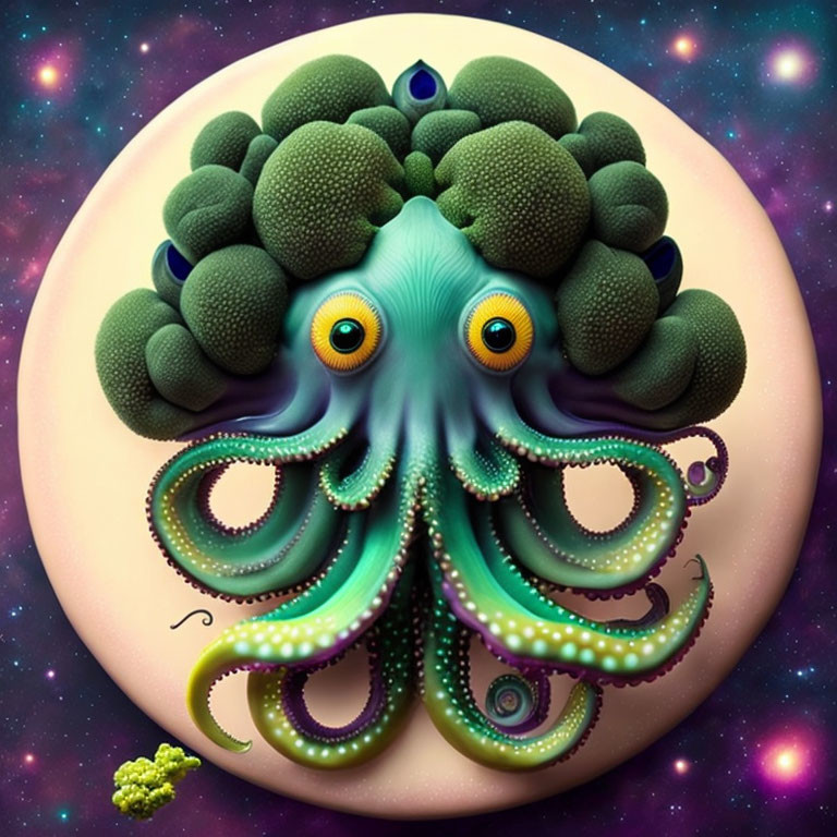 Colorful octopus with cosmic backdrop and surreal broccoli-like texture