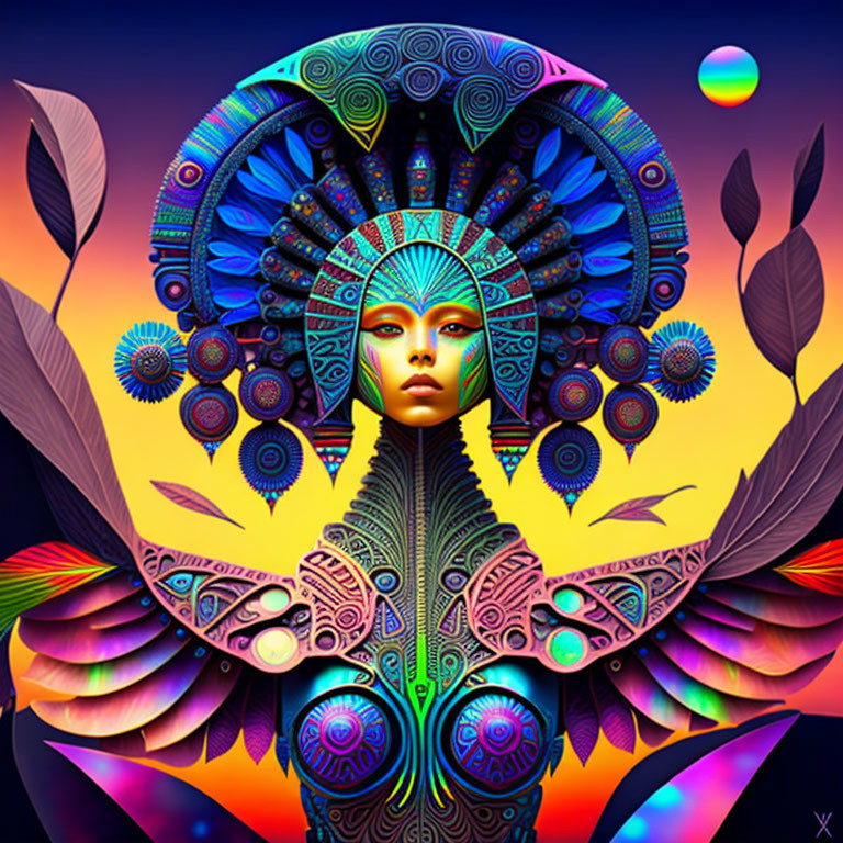 Colorful Digital Artwork of Stylized Woman with Elaborate Headdress
