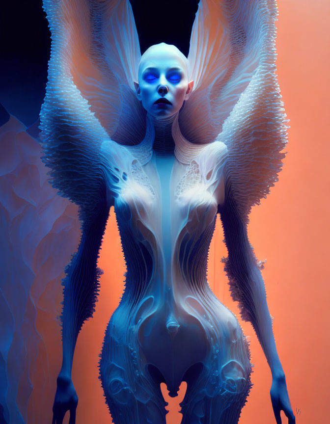 Surreal humanoid figure with elongated wing-like appendages on gradient background