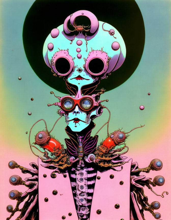 Colorful surreal illustration: skeletal figure with bubble head and intricate coat