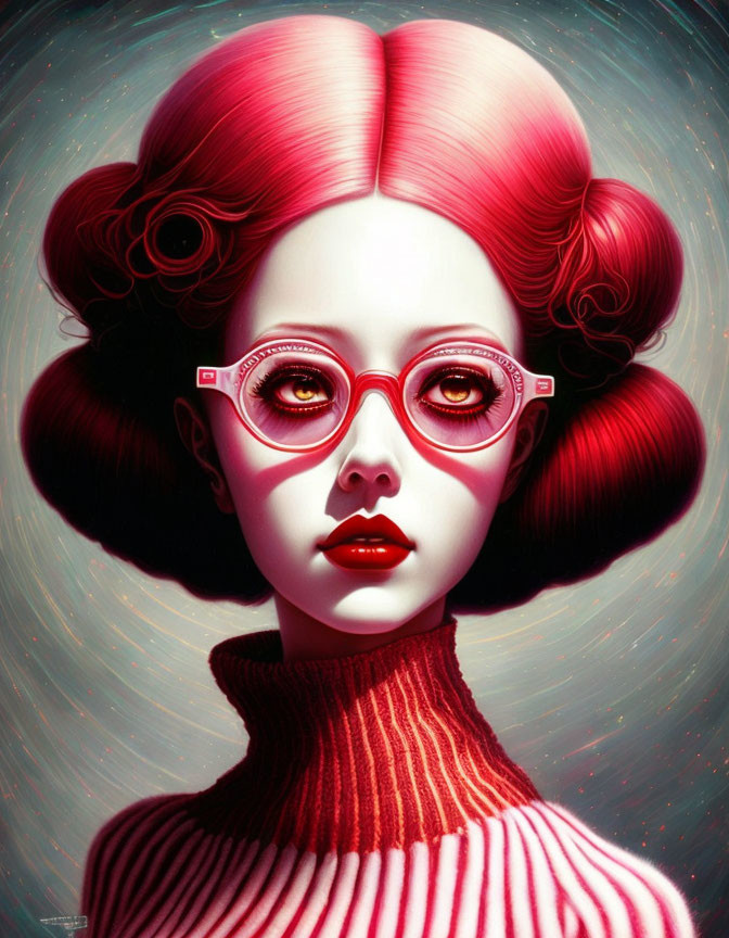 Vibrant red hair and red glasses on person in stylized portrait