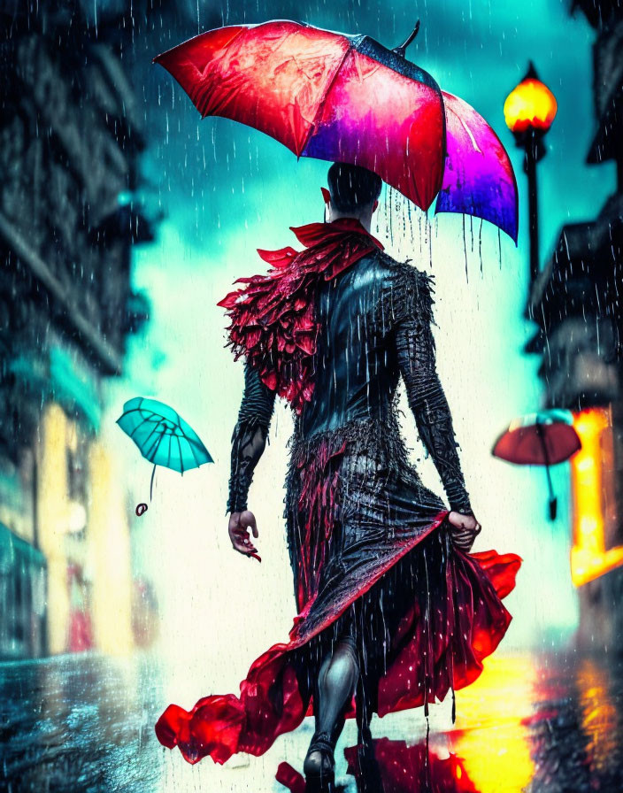 Person in Red and Black Outfit with Colorful Umbrella Walking on Rainy Street