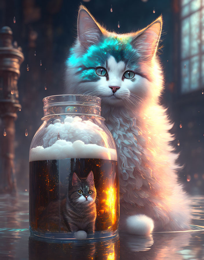 Blue-White Fluffy Cat with Smaller Cat in Glowing Jar Capturing Sky Piece