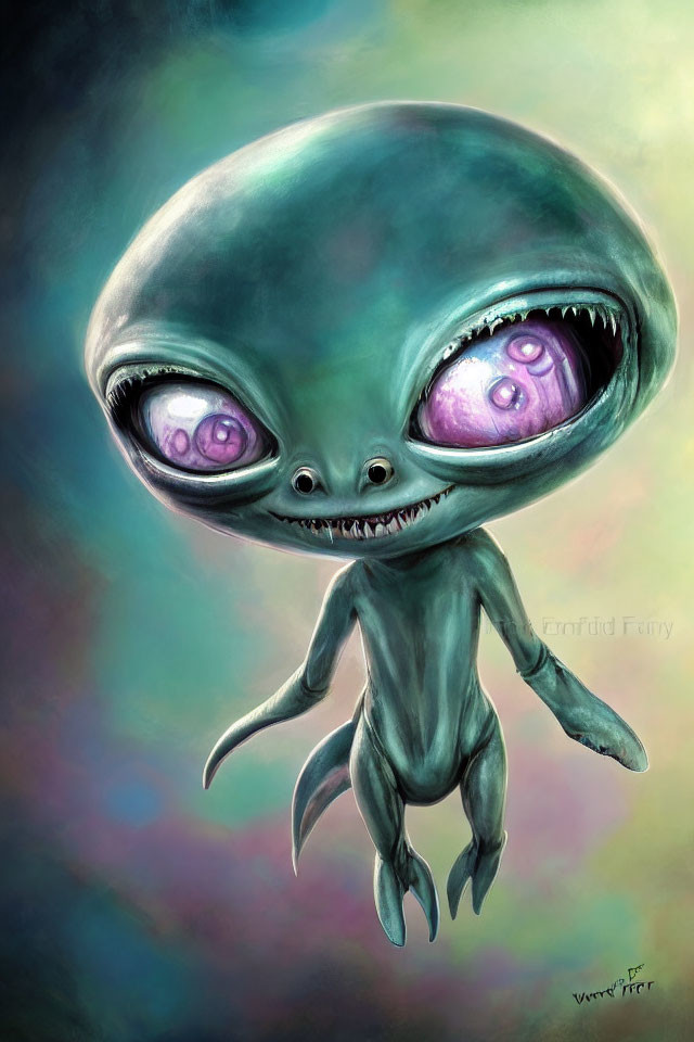 Colorful smiling alien illustration with large head and purple eyes