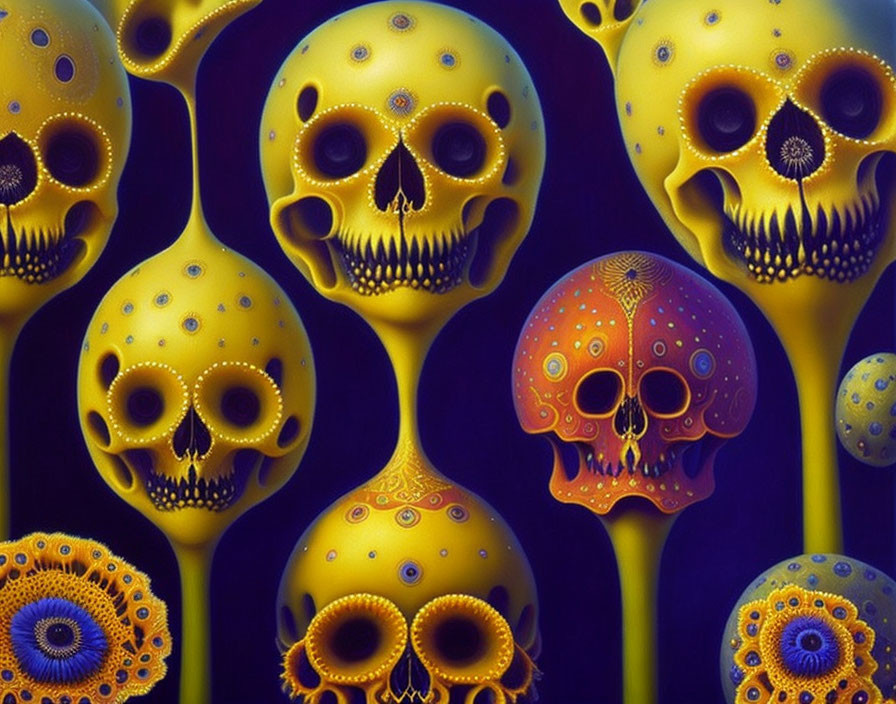 Intricate, stylized skulls with colorful patterns on dark blue background