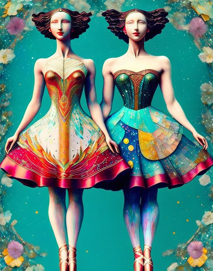 Surreal female figures in vibrant artistic dresses against teal backdrop