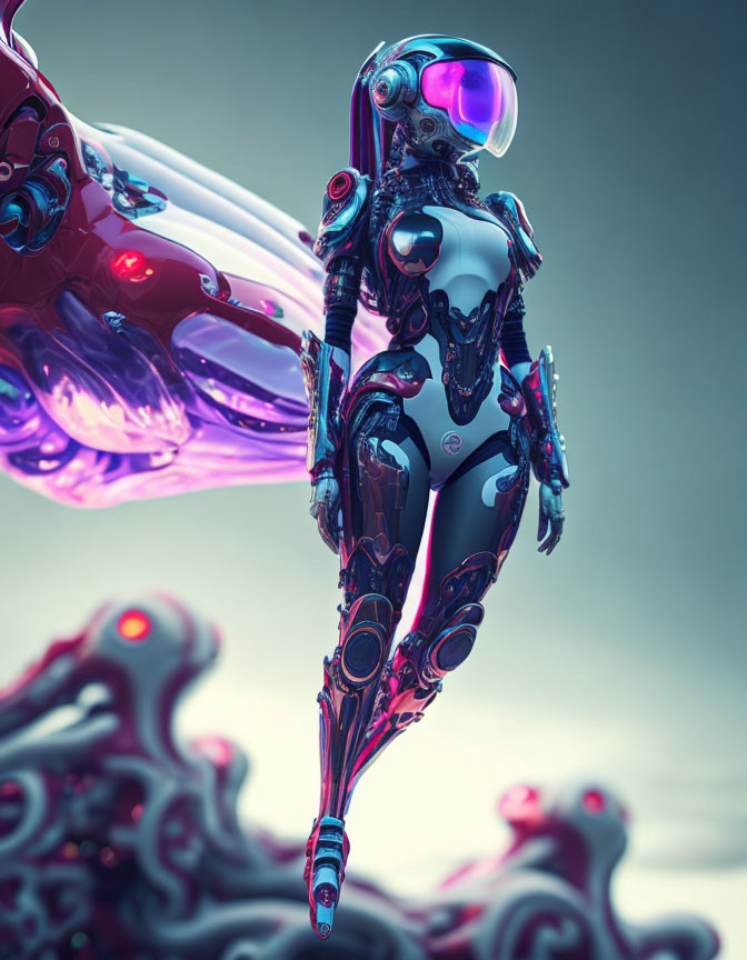 Futuristic female robot with purple and black design and biomechanical wing