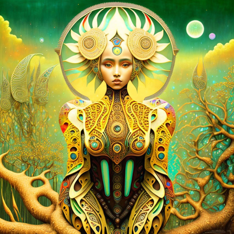 Mystical humanoid figure with golden patterns in fantastical forest