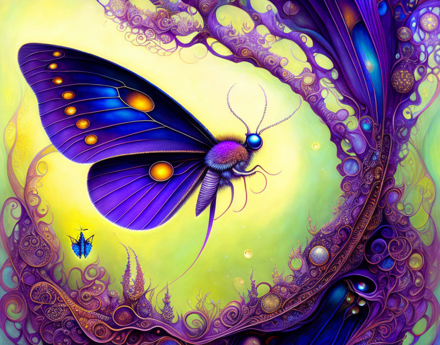 Colorful Stylized Butterfly Illustration with Purple and Blue Wings on Yellow and Green Background