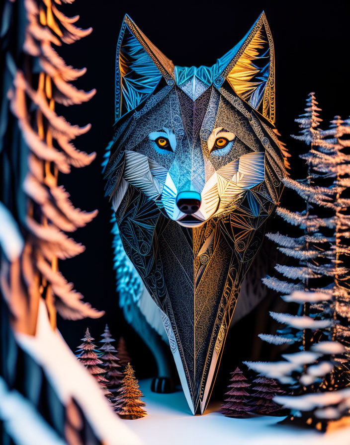 Geometric Wolf Art with Orange and Blue Tones