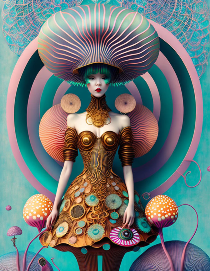 Colorful surreal illustration: Woman with ornate headdress, mushrooms, intricate patterns