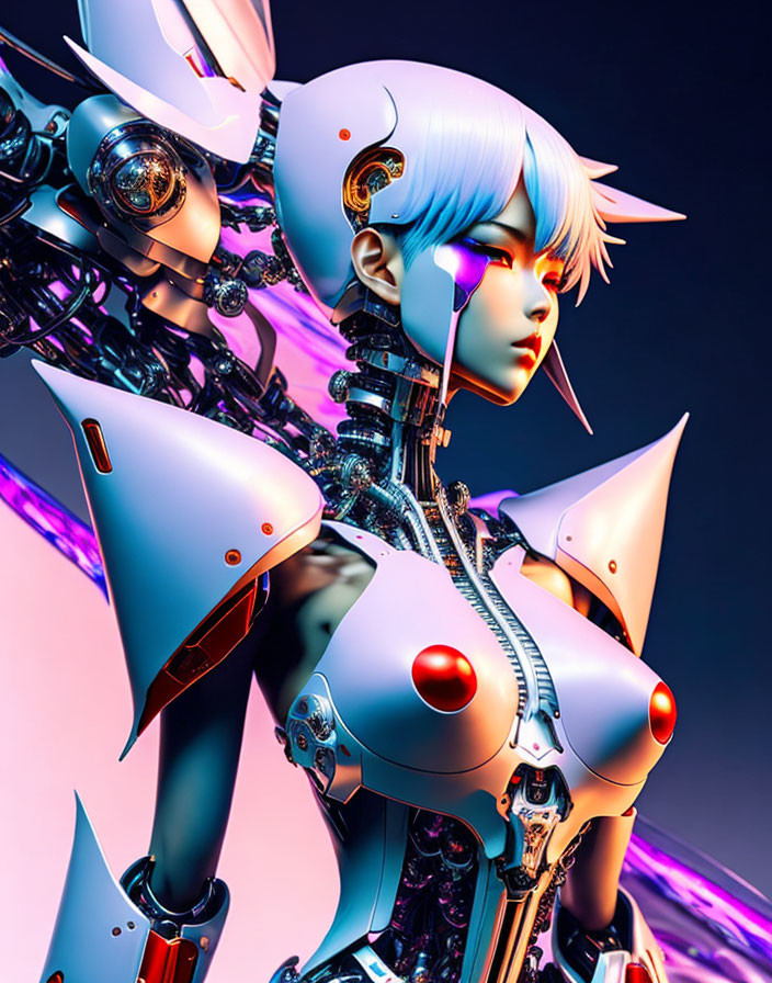 Futuristic female android in white armor with blue hair on pink and blue backdrop