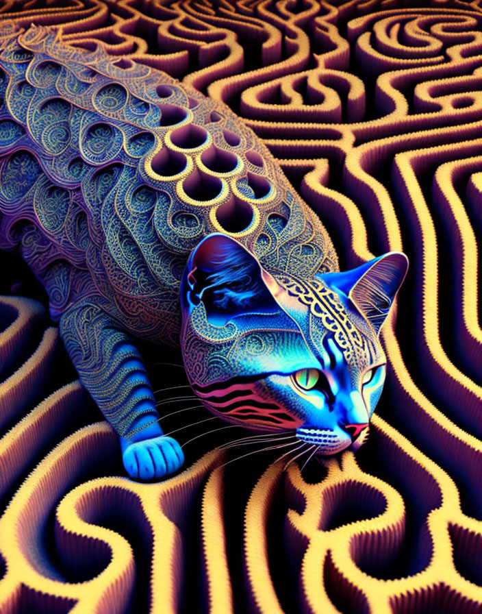 Patterned Cat Digital Artwork with Psychedelic Background