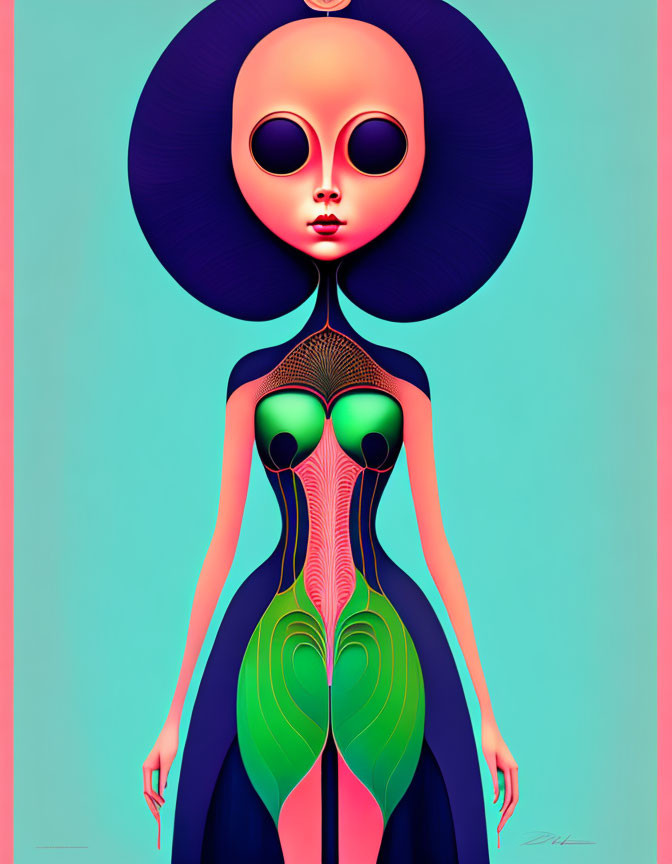 Colorful digital artwork featuring stylized alien-like female figure