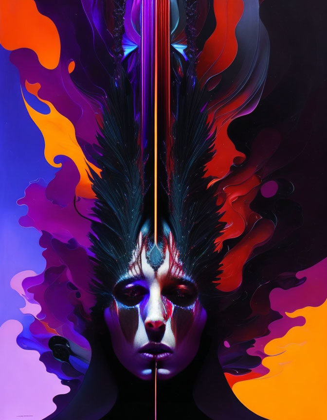 Colorful Abstract Portrait with Symmetrical Face Paint and Fluid Shapes