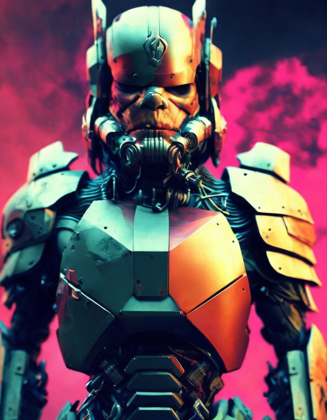 Robotic figure with human-like skull and metallic armor against pink sky