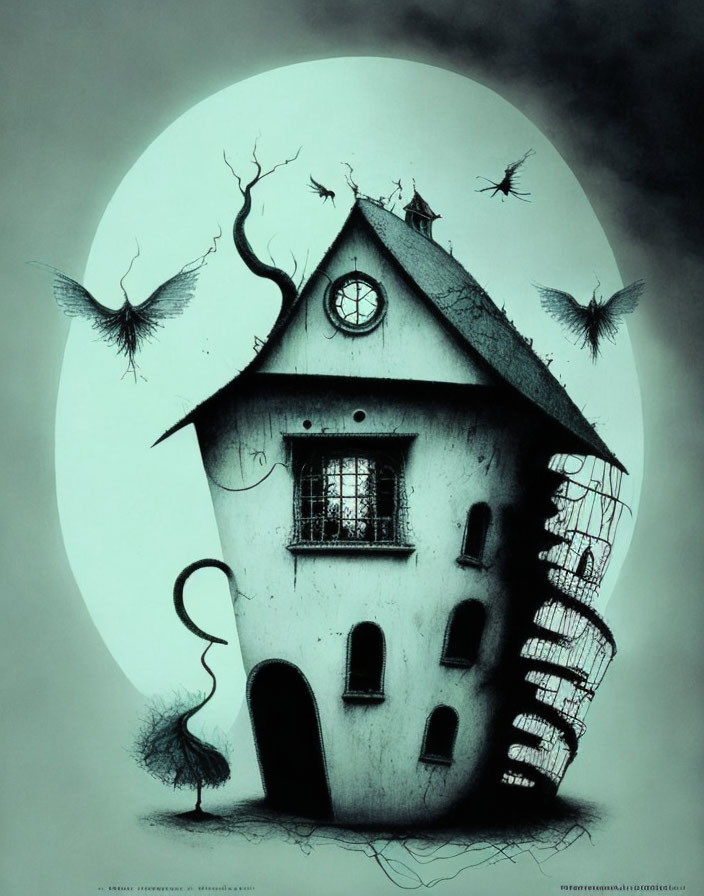 Illustration of dilapidated clock tower house with spiral staircase and flying bats at full moon.