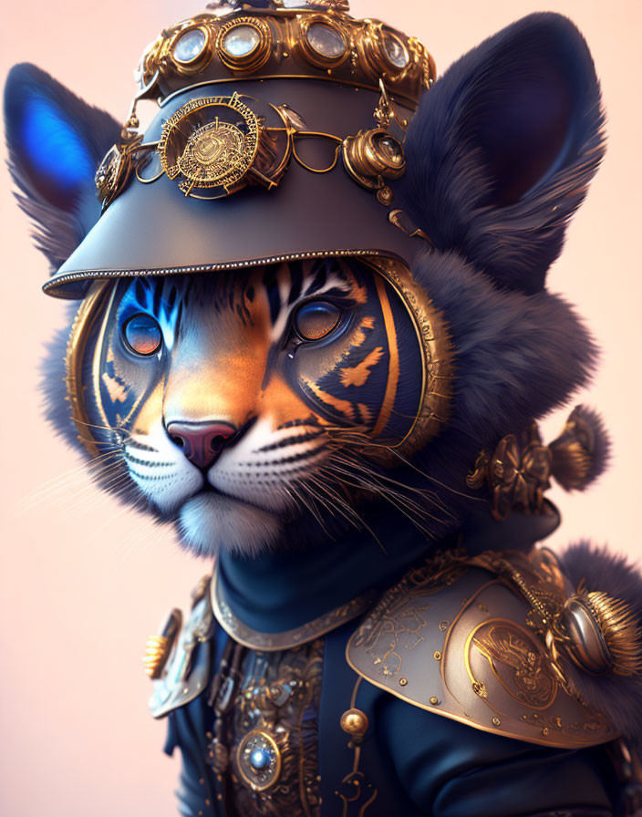 Detailed digital artwork: Anthropomorphic cat in steampunk hat & armor