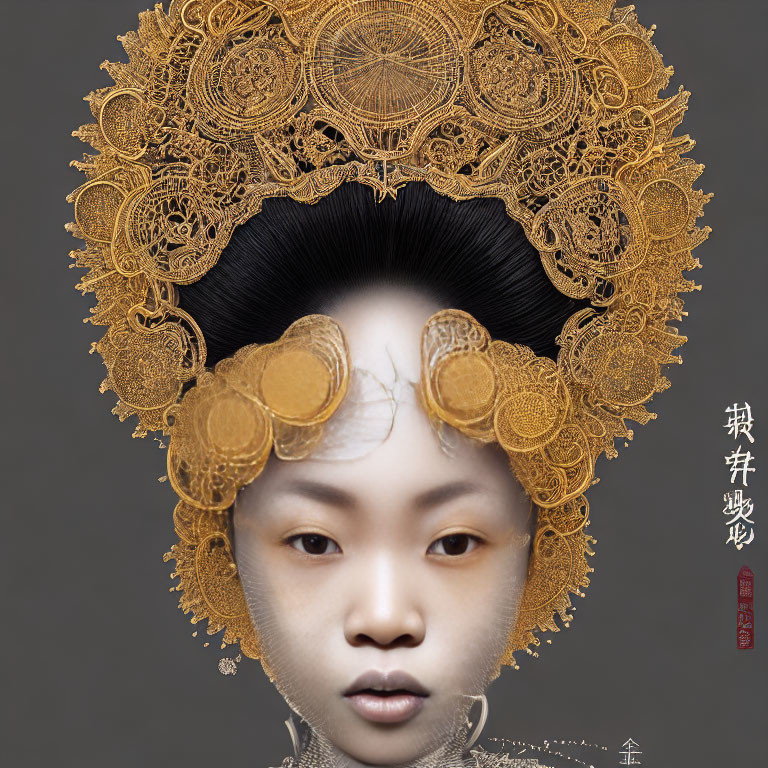 Elaborate Golden Headpiece on Individual with Traditional Hair and Asian Features