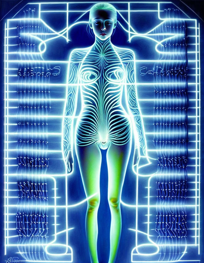 Abstract Neon Blue and White Human-like Figure with Geometric Shapes