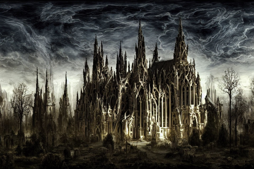 Gothic cathedral with spires in stormy sky and barren trees