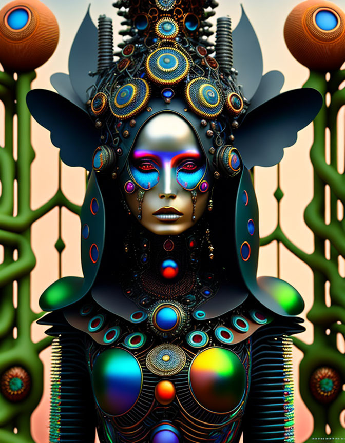 Futuristic humanoid figure with ornate headdress and bodysuit