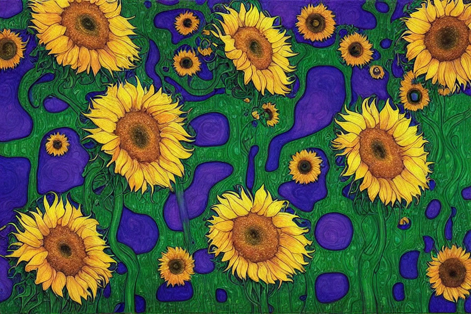 Colorful sunflower field painting on purple background with abstract patterns