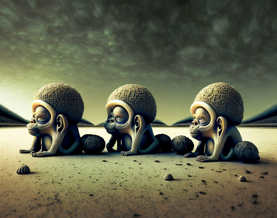 Surreal creatures with oversized brain-like heads and spiral eyes on sandy surface