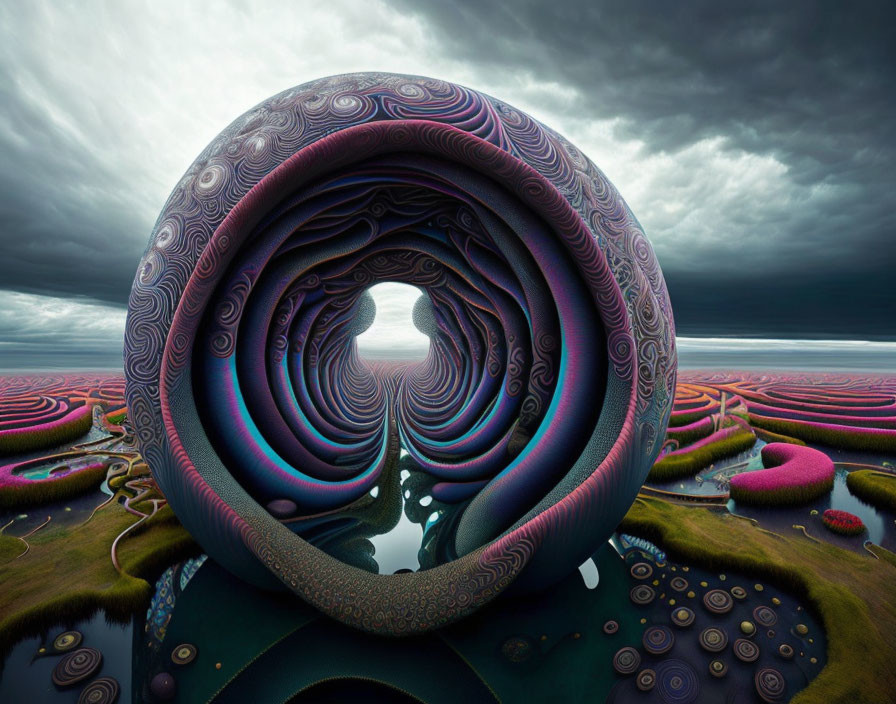 Surreal landscape with spiraling ornate tubes over reflective water